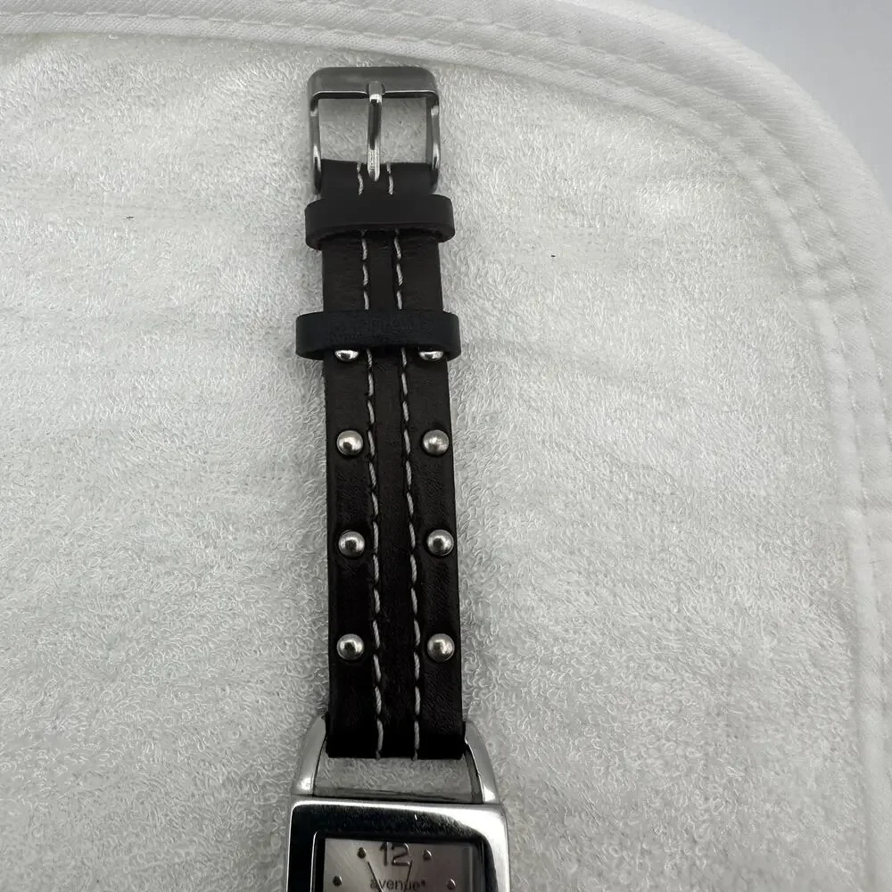 Avenue 9 Quartz Tank Watch Silver Dial Square Case Studded Brown Leather Strap